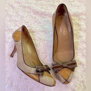 Valentino Garivani Vintage Y2K Argyle Patchwork Suede Heels w/ Velvet Bows 8.5